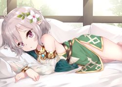 Rule 34 | 1girl, antenna hair, blush, bridal gauntlets, commentary request, dress, flower, gem, green dress, green sleeves, hair between eyes, hair flower, hair ornament, jewelry, kokkoro (princess connect!), looking at viewer, lying, nakatokung, necklace, on side, open mouth, pointy ears, princess connect!, red eyes, see-through, see-through sleeves, short hair, silver hair, sleeveless, sleeveless dress, solo, thighs, white flower