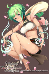 Rule 34 | 1girl, ahoge, ankle wrap, bandages, barefoot, blue eyes, crop top, green hair, hanakaze no seirei sylph, jewelry, loincloth, long hair, lots of jewelry, midgard war chronicles, midriff, navel, official art, petals, ponytail, reirou, sabi wasabi, solo, wind spirit sylph