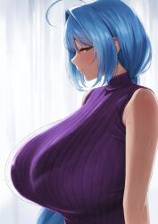 Rule 34 | 1girl, absurdres, ahoge, blue eyes, blue hair, blush, breasts, commission, deka (deka 4242), embarrassed, from side, hair behind ear, half-closed eyes, highres, huge breasts, long hair, looking at viewer, low ponytail, mole, mole under mouth, original, purple sweater, ribbed sweater, skeb commission, sleeveless, sleeveless sweater, solo, sweater, variant set, very long hair