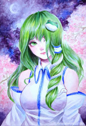 Rule 34 | 1girl, artist name, bare shoulders, branch, breasts, cherry blossoms, cloud, commentary request, crescent moon, detached sleeves, expressionless, female focus, frog hair ornament, green eyes, green hair, hair ornament, hair over one eye, hair tubes, head tilt, highres, johnalay, kochiya sanae, large breasts, lips, long hair, looking at viewer, moon, night, outdoors, painting (medium), partial commentary, sky, snake hair ornament, solo, standing, star (sky), starry sky, touhou, traditional media, upper body, very long hair, watercolor (medium)
