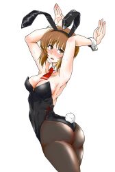 Rule 34 | 1girl, armpits, arms up, ass, blush, breasts, brown eyes, brown hair, cleavage, girls und panzer, kami ryuoo, large breasts, leotard, looking at viewer, nipples, nishizumi miho, open mouth, pantyhose, playboy bunny, rabbit ears, short hair, sideboob, solo, sweat
