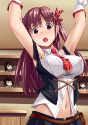 Rule 34 | 10s, 1girl, :o, akagi (kancolle), armpits, arms up, belt, blush, breasts, brown hair, character doll, company connection, crossover, duplicate, dyda, extra, fubuki (kancolle), gloves, hair ribbon, highres, hyuuga (kancolle), kantai collection, large breasts, long hair, looking at viewer, navel, necktie, open mouth, puzzle &amp; dolls, red eyes, red hair, ribbon, side ponytail, skirt, solo, stomach, twintails, vest, yuzuriha (puzzle &amp; dolls)