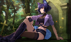 Rule 34 | 1girl, absurdres, animal ears, arm on knee, asymmetrical legwear, blue hair, boots, borrowed character, commission, crop top, cropped jacket, cross, crossed legs, day, fingerless gloves, fishnet thighhighs, fishnets, forest, gloves, highres, knee up, midriff, mismatched legwear, nature, navel, original, outdoors, red eyes, short hair, short shorts, shorts, single glove, sitting, skeb commission, smile, solo, statue, tail, teo (telo ruka), thighhighs, tombstone, tree, wolf ears, wolf girl, wolf tail