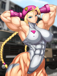 Rule 34 | 1girl, abs, ahoge, antenna hair, armpits, arms behind head, arms up, battle, beret, blonde hair, blue eyes, breasts, cameltoe, cammy white, camouflage, covered erect nipples, extreme muscles, female focus, gauntlets, hat, high collar, highres, hip focus, large breasts, leotard, long hair, muscular, ren (tainca2000), smile, solo, street fighter, thong leotard, twintails, very long hair
