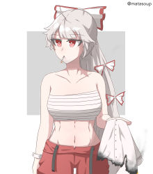 Rule 34 | 1girl, artist name, bare shoulders, bow, breasts, buttons, chest sarashi, cigarette, closed mouth, collarbone, eyes visible through hair, fujiwara no mokou, grey background, hand up, highres, long hair, looking to the side, mata (matasoup), medium breasts, multicolored bow, navel, pants, red bow, red eyes, red pants, sarashi, shirt, short sleeves, silver hair, simple background, solo, standing, stomach, touhou, white background, white bow, white shirt