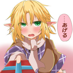 Rule 34 | 1girl, arm warmers, black shirt, blonde hair, blush, breasts, brown jacket, clip studio paint (medium), commentary request, ear blush, gradient background, green eyes, hair between eyes, half updo, incoming gift, jacket, medium breasts, mizuhashi parsee, multicolored clothes, multicolored jacket, open mouth, pink background, pointy ears, scarf, shirt, short hair, solo, touhou, translated, upper body, white background, white scarf, yasui nori