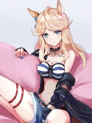 Rule 34 | 1girl, absurdres, animal ears, bandeau, belt, black belt, black collar, blonde hair, blue eyes, blue nails, bow, breasts, chain, cleavage, closed mouth, collar, collarbone, commentary request, cutoffs, denim, denim shorts, ear bow, gloves, gold chain, gold city (umamusume), highres, horse ears, horse girl, jacket, jewelry, large breasts, long hair, long sleeves, looking at viewer, midriff, multicolored nails, nail polish, navel, neckerchief, off shoulder, open clothes, open jacket, partial commentary, red neckerchief, short shorts, shorts, sidelocks, simple background, single bare shoulder, single glove, sitting, skindentation, solo, striped bandeau, swept bangs, thigh strap, umamusume, white background, white gloves, xobox