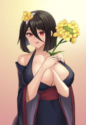 Rule 34 | 1girl, absurdres, black hair, breasts, cleavage, flower, gradient background, hair between eyes, hair flower, hair ornament, highres, hiroshi (beolcoyote), huge breasts, japanese clothes, kimono, kunoichi kaen, last origin, looking at viewer, open mouth, red eyes, short hair, simple background, smile, yellow background