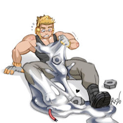 Rule 34 | 1boy, arm support, black footwear, blonde hair, boots, creatures (company), game freak, gen 7 pokemon, gloves, grey gloves, grey pants, headset, heart, lowres, male focus, melmetal, muscular, mythical pokemon, nintendo, nut (hardware), on floor, pants, personification, pokemon, radx26, signature, slime (substance), solo, sweatdrop, tank top