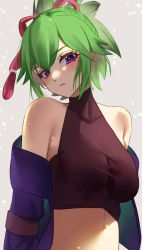 Rule 34 | 1girl, absurdres, bare shoulders, black shirt, blush, breasts, commentary request, crop top, genshin impact, green hair, grey background, highres, jacket, katagirinanoka, kuki shinobu, large breasts, looking at viewer, midriff, off shoulder, partial commentary, ponytail, purple eyes, purple jacket, shirt, short hair, sidelocks, simple background, sleeveless, sleeveless shirt, solo, stomach, upper body