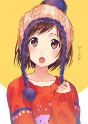 Rule 34 | 1girl, :o, bang dream!, beanie, blush, brown eyes, brown hair, clenched hand, collarbone, hand up, hat, hazawa tsugumi, pom pom (clothes), print sweater, red sweater, sakaki kayumu, short hair, sleeves past wrists, solo, sweatdrop, sweater, translation request, upper body, winter clothes, yellow background