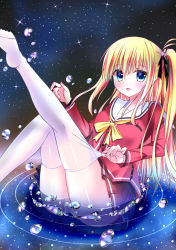 Rule 34 | 10s, 1girl, absurdres, blonde hair, blue eyes, charlotte (anime), gradient background, highres, long hair, nishimori yusa, one side up, school uniform, side ponytail, solo, thighhighs, tongtongtong