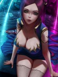 Rule 34 | 1girl, artist name, blue dress, breasts, cleavage, commentary, dress, english commentary, fishnet thighhighs, fishnets, green eyes, large breasts, league of legends, legs together, lolliedrop, long hair, looking at viewer, paid reward available, parted lips, patreon username, purple hair, signature, sitting, sleeveless, sleeveless dress, solo, sona (league of legends), thighhighs, very long hair, watermark, web address