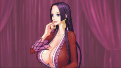 Rule 34 | 1girl, blue eyes, blunt bangs, boa hancock, breasts, cleavage, collarbone, curtains, earrings, female focus, finger to mouth, hand up, highres, indoors, jewelry, large breasts, light smile, long hair, looking at viewer, nail polish, one piece, parted lips, purple hair, q-bit, red nails, smile, snake earrings, solo, upper body