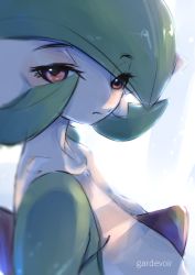 Rule 34 | 1girl, absurdres, ashraely, bad id, bad pixiv id, blurry, blush, bob cut, breasts, character name, collarbone, colored skin, creatures (company), english text, eyes visible through hair, female focus, from side, game freak, gardevoir, gen 3 pokemon, green hair, green skin, highres, large breasts, light blush, looking at viewer, multicolored skin, nintendo, pokemon, pokemon (creature), red eyes, short hair, simple background, sketch, solo, two-tone skin, upper body, watermark, white background, white skin
