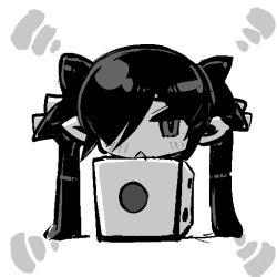 Rule 34 | 1girl, backbeako (torotei), box, chibi, commentary request, dice, gegege no kitarou, hair over one eye, hair ribbon, in box, in container, light blush, long hair, looking at viewer, monochrome, original, pointy ears, ribbon, simple background, solo, torotei, triangle mouth, twintails, white background