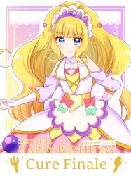 Rule 34 | 1girl, big hair, blonde hair, blue eyes, blunt bangs, blush, bridal gauntlets, brooch, character name, choker, clothing cutout, cure finale, dated, delicious party precure, dress, gloves, hair ornament, happy birthday, heart, heart brooch, jewelry, kasai amane, long hair, looking at viewer, magical girl, medium dress, precure, shoulder cutout, smile, solo, sparkle hair ornament, tanshi tanshi, tiara, twitter username, white choker, white gloves