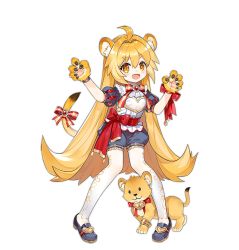 Rule 34 | 1girl, :3, ahoge, animal ears, animal hands, ark order, black shorts, blonde hair, bow, fang, full body, gloves, hatoyama itsuru, leo (ark order), lion, lion ears, lion tail, long hair, magical girl, official art, pantyhose, paw gloves, puffy short sleeves, puffy sleeves, red bow, shirt, short sleeves, shorts, solo, sparkle, tachi-e, tail, tail bow, tail ornament, transparent background, v-shaped eyebrows, very long hair, white pantyhose, white shirt, yellow eyes
