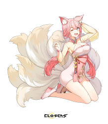 Rule 34 | 1girl, ;d, alternate hair color, animal ear fluff, animal ears, ankle bell, arm up, armpits, bare legs, blue eyes, breasts, cleavage, cleavage cutout, closers, clothing cutout, copyright name, dress, fang, fingernails, fox ears, fox girl, fox tail, from side, full body, hand on own ear, hands up, high heels, highres, kitsune, kneeling, kyuubi, large breasts, layered dress, logo, long fingernails, long hair, long sleeves, looking at viewer, low twintails, multiple tails, official art, one eye closed, open mouth, paw pose, pink dress, pink hair, see-through, see-through sleeves, smile, solo, tachi-e, tail, teeth, twintails, two-tone dress, upper teeth only, very long hair, wedge heels, white background, white footwear, yellow dress, yellow sleeves, yellow tail, yuri seo