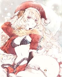 Rule 34 | 1girl, agulo, blonde hair, bra, breasts, christmas, cleavage, commentary, curly hair, hat, heart, heart print, highres, long hair, looking at viewer, medium breasts, midriff, navel, open clothes, open shirt, pale skin, rance (series), rance 10, red eyes, santa costume, santa hat, underwear, warg (rance)