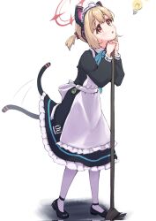 Rule 34 | 1girl, afterimage, animal ear headphones, animal ears, apron, black dress, black footwear, blonde hair, blue archive, blush, cat tail, dress, fake animal ears, frilled apron, frilled dress, frills, full body, halo, headphones, highres, long sleeves, maid, maid apron, maid headdress, meluwow, momoi (blue archive), momoi (maid) (blue archive), official alternate costume, pantyhose, parted lips, pink halo, red eyes, shoes, short hair, simple background, solo, tail, white apron, white background, white pantyhose