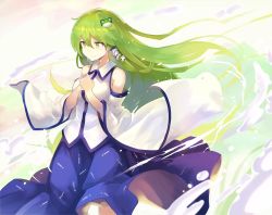 Rule 34 | 1girl, bare shoulders, blue skirt, breasts, commentary request, cowboy shot, detached sleeves, falken (yutozin), frog hair ornament, green eyes, green hair, hair between eyes, hair ornament, hair tubes, highres, kochiya sanae, large breasts, long hair, long sleeves, own hands together, skirt, smile, snake hair ornament, solo, standing, touhou, wide sleeves