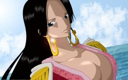 Rule 34 | 1girl, black eyes, black hair, boa hancock, breasts, cape, cleavage, earrings, epaulettes, female focus, highres, jewelry, one piece, outdoors, screencap, sky, solo, third-party edit, vector trace