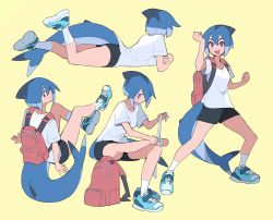 Rule 34 | 1girl, applying bandages, azuumori, backpack, bag, bandaged foot, bandages, black shorts, blue footwear, blue hair, bob cut, breasts, clenched hand, closed mouth, collarbone, commentary, english commentary, feet up, fins, fish tail, from behind, full body, furrowed brow, grin, hair between eyes, hand up, highres, invisible chair, looking at viewer, looking down, lying, mako (azuumori), medium breasts, medium hair, multicolored hair, multiple views, on stomach, open mouth, original, pink bag, red eyes, shark tail, sharp teeth, shirt, shoes, short sleeves, shorts, simple background, sitting, smile, sneakers, socks, standing, tail, teeth, thick eyebrows, upper teeth only, white legwear, white shirt, yellow background