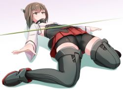 Rule 34 | 1girl, bike shorts, black thighhighs, brown eyes, brown hair, commentary request, flat chest, hair between eyes, headband, headgear, jitome, kantai collection, limbo, looking up, outstretched arms, panikuru yuuto, parody, pleated skirt, short hair, skirt, solo, taihou (kancolle), thighhighs, thighs, wide sleeves