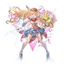 Rule 34 | blonde hair, bow, breasts, brown eyes, dress, garter straps, granblue fantasy, hand up, hat, holding, holding sword, holding weapon, long hair, magical girl, medium breasts, minaba hideo, monika weisswind, official art, open mouth, shoes, simple background, standing, sword, thighhighs, transparent background, weapon