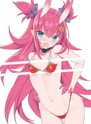 Rule 34 | 1girl, anger vein, armor, bare arms, bare shoulders, bikini, bikini armor, black choker, blade (galaxist), blue eyes, blush, breasts, choker, commentary request, cowboy shot, elizabeth bathory (brave) (fate), elizabeth bathory (fate), fang, fate/grand order, fate (series), gluteal fold, hair between eyes, hair ribbon, hands on own hips, horns, long hair, looking at viewer, navel, open mouth, pink hair, pointy ears, purple ribbon, red bikini, ribbon, simple background, small breasts, solo, split depth, sweat, swimsuit, tears, two side up, very long hair, white background