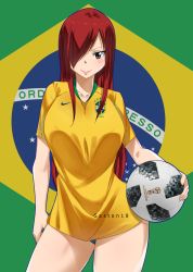 Rule 34 | 1girl, absurdres, ball, blush, brazil, brazilian flag, breasts, brown eyes, cowboy shot, erza scarlet, fairy tail, gaston18, hair over one eye, highres, holding, holding ball, large breasts, long hair, looking at viewer, red hair, shirt, short sleeves, smile, soccer ball, soccer uniform, solo, sportswear, standing, world cup
