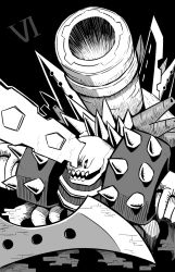 Rule 34 | 7th dragon (series), black background, blade, cannon, character request, commentary request, greyscale, highres, monochrome, monster, naga u, open mouth, sharp teeth, simple background, solo, spikes, teeth