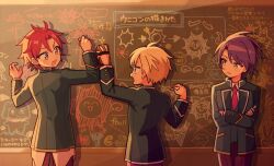 Rule 34 | 3boys, 5.5, blazer, blonde hair, blue jacket, board eraser, chalk, chalkboard, collared shirt, commentary request, cowboy shot, crossed arms, evening, green eyes, hands up, holding, holding chalk, idol time pripara, indoors, jacket, long sleeves, looking at another, male focus, mitaka asahi, multiple boys, open mouth, pants, pretty series, pripara, profile, purple hair, red hair, shirt, short hair, standing, takase koyoi, translation request, white shirt, yumekawa shogo