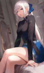 Rule 34 | 1girl, absurdres, aqua eyes, bow, fate/grand order, fate (series), highres, long hair, looking at viewer, morgan le fay (fate), mymzi, ponytail, sidelocks, skirt, solo, white hair