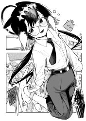 Rule 34 | 1girl, 2koma, a:n (angrynum), alternate costume, angel wings, animal ears, ao-chan (ninomae ina&#039;nis), bag, belt, black bag, black belt, black hair, black nails, black necktie, black pants, book, breast pocket, breasts, bubba (watson amelia), chalkboard, classroom, collared shirt, comic, commentary, feathered wings, floating, floating book, floating object, full body, glasses, gradient hair, greyscale, hair ornament, handbag, highres, hololive, hololive english, kneeling, long hair, long sleeves, looking at viewer, low twintails, low wings, lower teeth only, monochrome, multicolored hair, nail polish, necktie, ninomae ina&#039;nis, open mouth, pants, pocket, pointy ears, round eyewear, shirt, shirt tucked in, small breasts, smile, socks, star (symbol), symbol-only commentary, takodachi (ninomae ina&#039;nis), teeth, tentacle hair, twintails, virtual youtuber, white background, white shirt, white socks, wings