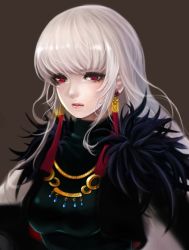 Rule 34 | 00s, 1girl, artist request, breasts, dungeon and fighter, earrings, female slayer (dungeon and fighter), fingerless gloves, fur, fur trim, gloves, highres, jewelry, long hair, looking at viewer, profile, red eyes, simple background, slayer (dungeon and fighter), solo, tagme, white hair