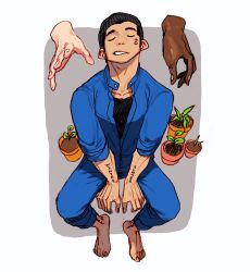 Rule 34 | 1boy, barefoot, black hair, blue jumpsuit, closed eyes, full body, grey background, highres, invisible chair, jumpsuit, leaf, long sleeves, original, parted lips, plant, potted plant, rinotuna, shadow, short hair, sitting