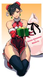 Rule 34 | 1girl, absurdres, adapted costume, alternate legwear, ap cammy, belt, black belt, black hair, black thighhighs, box, brown eyes, bun cover, capcom, china dress, chinese clothes, christmas, chun-li, commentary request, double bun, dress, earrings, elbow gloves, full body, fur trim, gift, gift box, gloves, hair bun, halter dress, halterneck, highres, holding, holding gift, jewelry, kneeling, long dress, looking at viewer, on one knee, pelvic curtain, red dress, red footwear, red gloves, sack, short hair, solo, street fighter, thick thighs, thighhighs, thighs