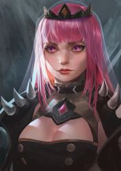 1girl black_cape blunt_bangs breasts cape cleavage commentary expressionless eyebrows_hidden_by_hair highres hololive hololive_english large_breasts long_hair looking_at_viewer mori_calliope pink_eyes pink_hair portrait realistic solo spikes symbol-only_commentary tiara tong_tou veil virtual_youtuber