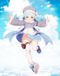 Rule 34 | 1girl, absurdres, azur lane, blue eyes, blue footwear, blue hair, blue skirt, bluesnail, boots, bow, clothes lift, cloud, fur-trimmed boots, fur-trimmed headwear, fur trim, grey headwear, grey jacket, grin, gromky (azur lane), hat, highres, jacket, lens flare, long sleeves, looking at viewer, panties, pantyshot, resolution mismatch, running, self-upload, shirt, short hair, skirt, sky, smile, source smaller, teeth, thighhighs, underwear, white panties, white shirt, white thighhighs, wind, wind lift