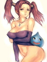 Rule 34 | 1girl, :d, bare shoulders, black eyes, blue skin, bottomless, breast hold, breasts, cleavage, colored skin, convenient leg, covered erect nipples, cowboy shot, dragon quest, dragon quest viii, frown, fumio (rsqkr), groin, happy, holding own arm, jessica albert, jewelry, long sleeves, looking away, monster, navel, necklace, off shoulder, open mouth, pendant, purple shirt, red eyes, red hair, sad, shirt, simple background, sketch, slime (dragon quest), smile, solo, square enix, thick thighs, thighs, twintails