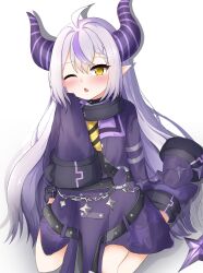 Rule 34 | 1girl, absurdres, ahoge, black collar, blush, breasts, coat, collar, grey hair, hayumi (hayumi03), highres, hololive, horns, la+ darknesss, la+ darknesss (1st costume), long hair, metal collar, neckerchief, one eye closed, open mouth, pointy ears, purple coat, purple hair, sidelocks, sleeves past fingers, sleeves past wrists, small breasts, solo, tail, virtual youtuber, white background, yellow neckerchief