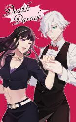 Rule 34 | 10s, 1boy, 1girl, ;d, aqua eyes, bad id, bad pixiv id, belt, black hair, black skirt, blazer, bow, bowtie, breasts, buttons, chiyuki (death parade), cleavage, collared shirt, copyright name, couple, cowboy shot, crop top, death parade, decim (death parade), dress shirt, flipped hair, floating hair, frown, hair over one eye, hand grab, head tilt, hetero, highres, holding hands, jacket, jewelry, kurokami no onna, lipstick, long hair, long sleeves, looking at another, makeup, midriff, miniskirt, multicolored hair, navel, necklace, one eye closed, open mouth, outline, pants, pencil skirt, pendant, purple eyes, red background, shirt, short hair, simple background, skirt, smile, standing, swept bangs, two-tone hair, vest, white hair, white shirt, yayata (884)