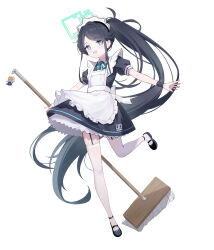 Rule 34 | 1girl, absurdres, apron, aris (blue archive), aris (maid) (blue archive), black dress, black hair, blue archive, blue bow, blue eyes, blue halo, bow, broom, byx, collared shirt, dress, frilled apron, frills, garter straps, halo, highres, holding, holding broom, long hair, looking at viewer, maid, maid apron, maid headdress, mary janes, open mouth, parted bangs, ponytail, shirt, shoes, short sleeves, sidelocks, simple background, solo, standing, standing on one leg, thighhighs, thighs, very long hair, white background, white thighhighs, zettai ryouiki
