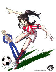 Rule 34 | 1boy, 1girl, alternate hairstyle, armband, ball, black hair, brown eyes, candybag, candybaggins, coppelion, copyright name, cosplay, crossover, dutch angle, full body, grass, hand on own hip, highres, kneehighs, kurosawa haruto, mai ball!, naruse ibara, nike (company), open mouth, outstretched arms, pale skin, parody, ponytail, radiation symbol, shirt, short sleeves, shorts, simple background, smile, soccer, soccer ball, soccer jersey, soccer uniform, socks, sportswear, standing, standing on one leg, striped clothes, striped shirt, track suit, vertical-striped clothes, vertical-striped shirt, watermark, whistle, white background