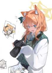 absurdres animal_ear_fluff animal_ears blue_archive blue_hair blush_stickers camera camera_hold_pose_(han-0v0) cat_ears cat_girl double-parted_bangs fingernails green_eyes green_scarf halo headphones headphones_around_neck highres holding holding_camera long_hair mari_(blue_archive) mine_(blue_archive) mine_(idol)_(blue_archive) one_eye_closed open_mouth orange_hair sakurako_(blue_archive) sakurako_(idol)_(blue_archive) scarf simple_background sleeves_past_fingers sleeves_past_wrists solo_focus sweater white_background white_sweater wturnip yellow_halo