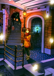 Rule 34 | 1girl, arch, barrel, black pantyhose, boots, brick wall, brown hair, coat, fence, hair ornament, hairclip, highres, kurumayama, lamppost, light particles, long sleeves, original, own hands together, pantyhose, scarf, skirt, solo, stairs, water, winter clothes, winter coat