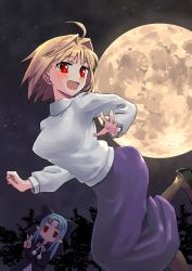 Rule 34 | 2girls, ahoge, antenna hair, arcueid brunestud, artist request, black bow, blue hair, blush, bow, breasts, dress, full moon, grin, hair bow, hair ornament, hood, hoodie, large breasts, len (tsukihime), long hair, long skirt, long sleeves, looking at viewer, melty blood, moon, multiple girls, open mouth, pointy ears, purple skirt, red eyes, shirt, skirt, smile, tsukihime, type-moon, v, white shirt