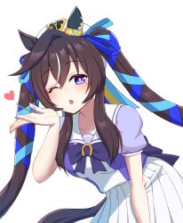 Rule 34 | 1girl, absurdres, animal ears, blowing kiss, breasts, brown hair, collarbone, commentary request, hair between eyes, hair ornament, highres, horse ears, horse girl, horse tail, looking at viewer, mole, mole under eye, one eye closed, purple eyes, school uniform, simple background, solo, tail, terumasa (amanoy), umamusume, vivlos (umamusume), white background